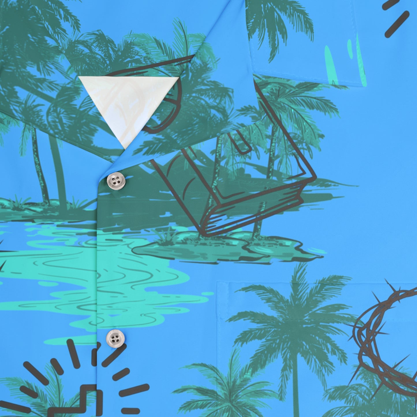 Blue Hawaiian Christian Themed Button Down Chest Pocket Shirt