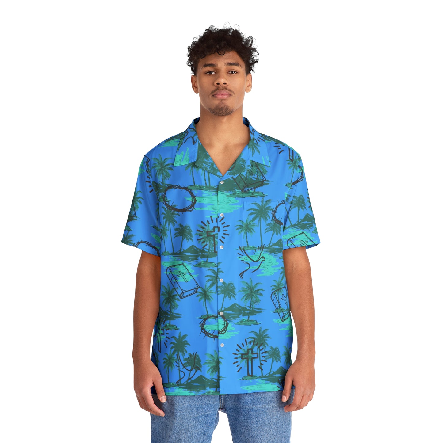 Blue Hawaiian Christian Themed Button Down Chest Pocket Shirt
