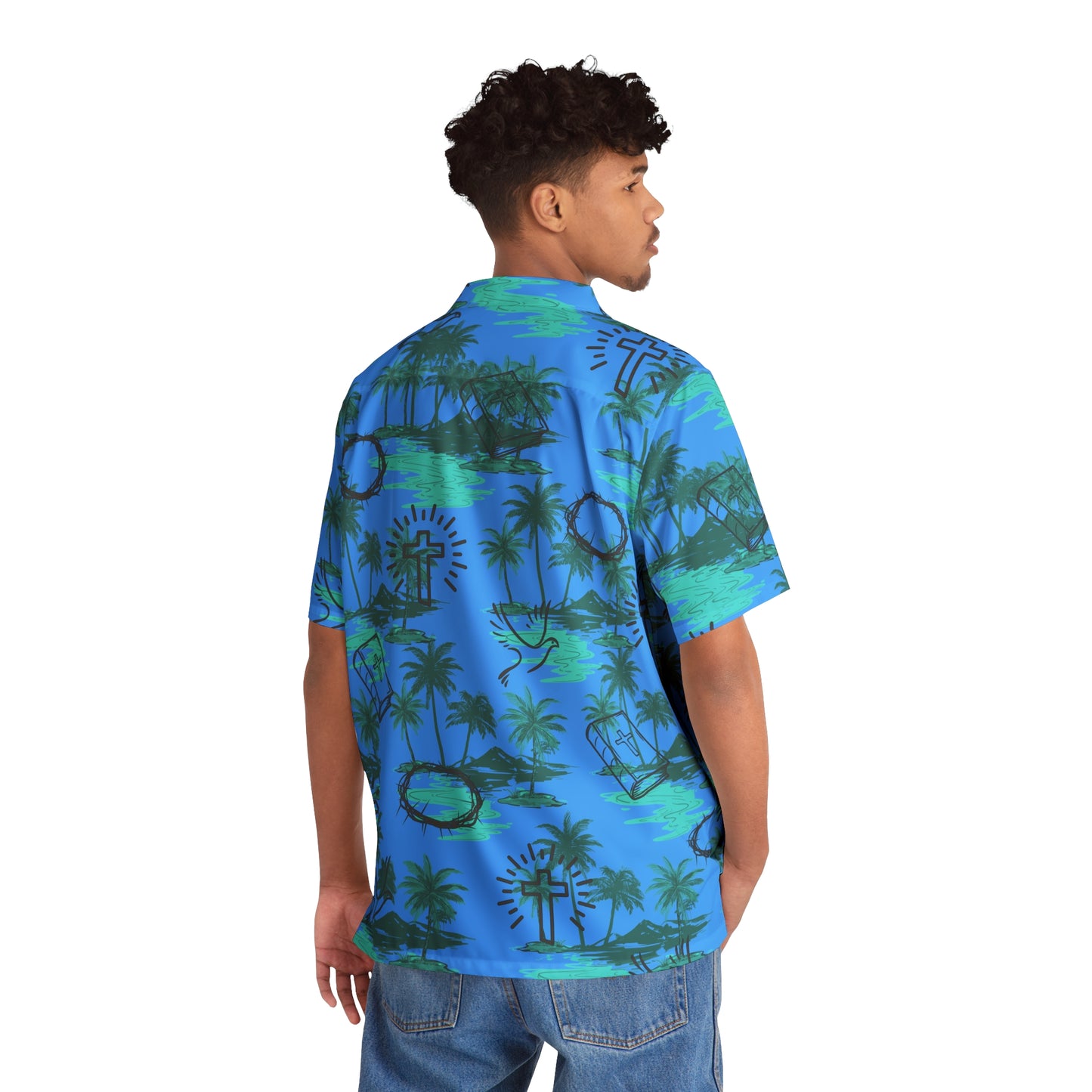 Blue Hawaiian Christian Themed Button Down Chest Pocket Shirt