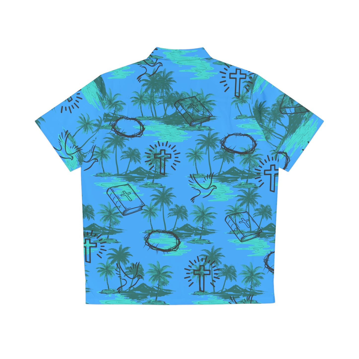 Blue Hawaiian Christian Themed Button Down Chest Pocket Shirt