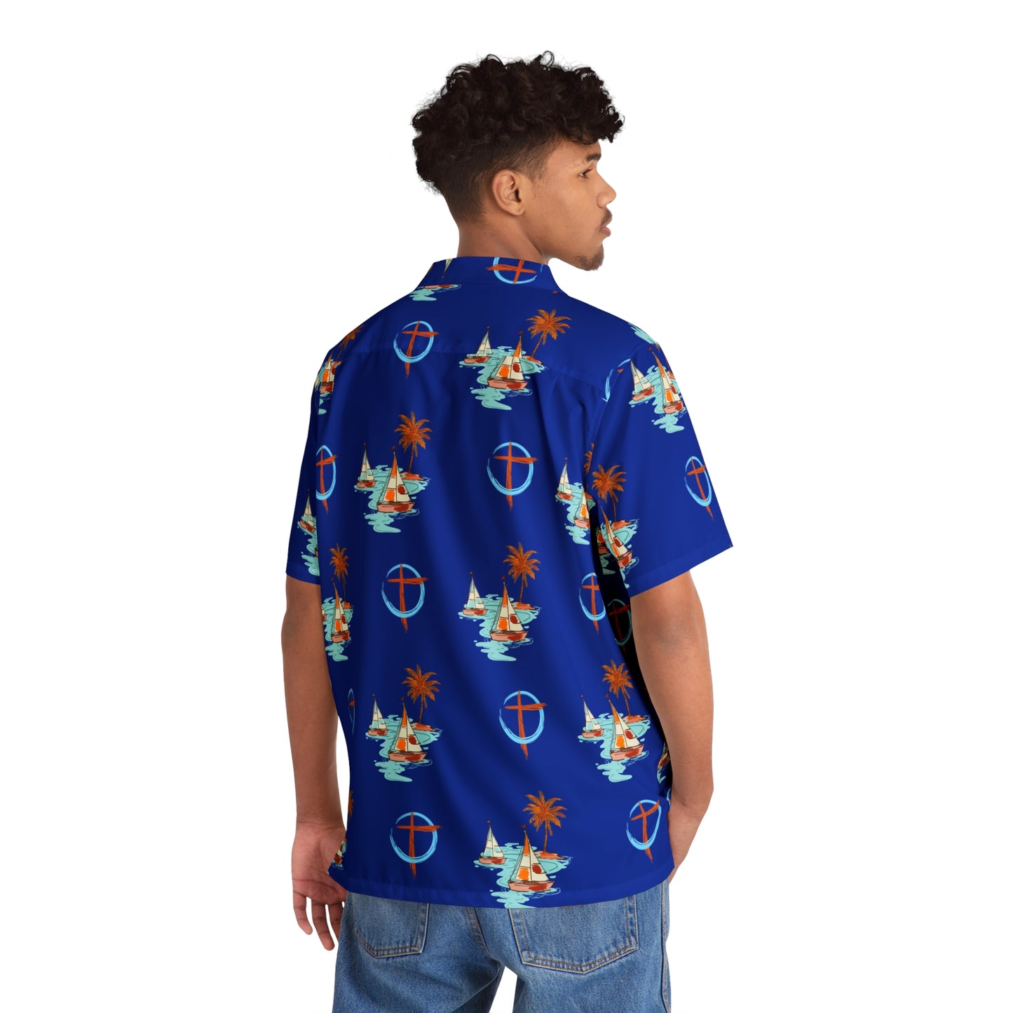 Sailboats and Crosses Men's Hawaiian Shirt, Button Down, Front Pocket
