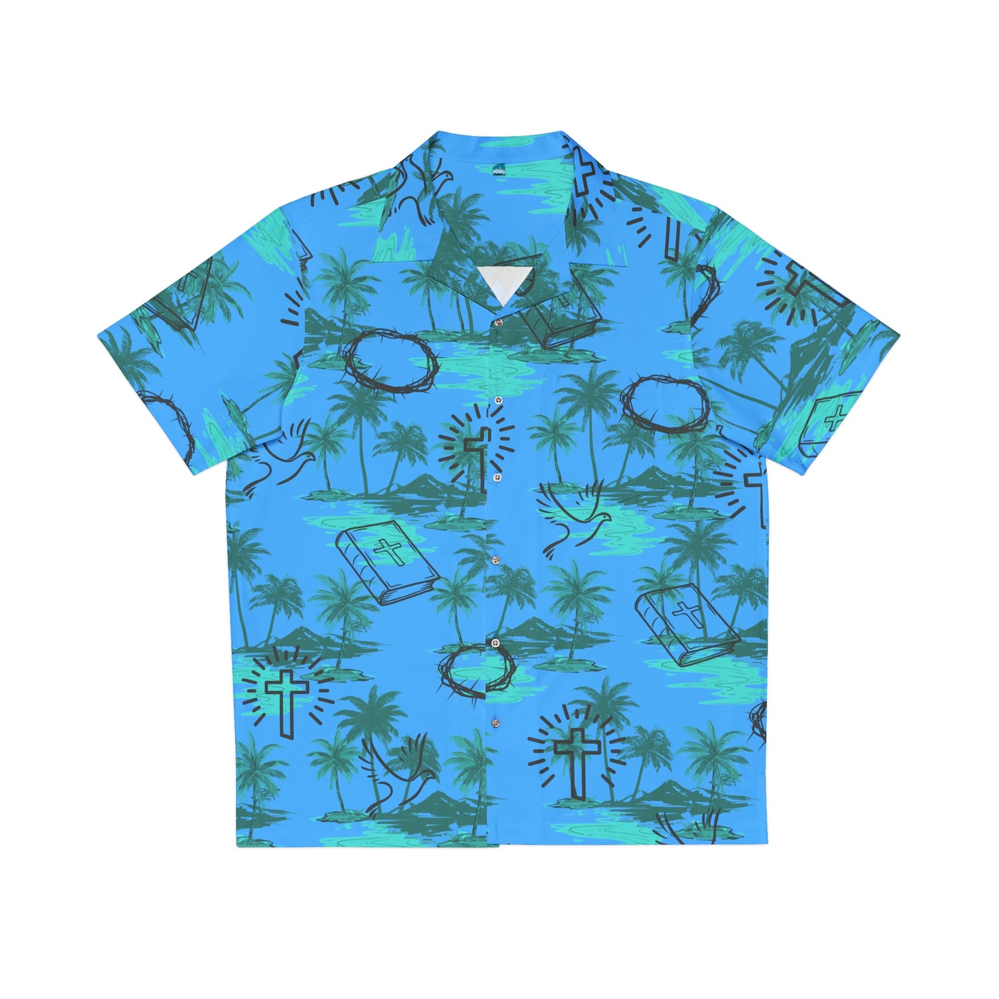 Blue Hawaiian Christian Themed Button Down Chest Pocket Shirt