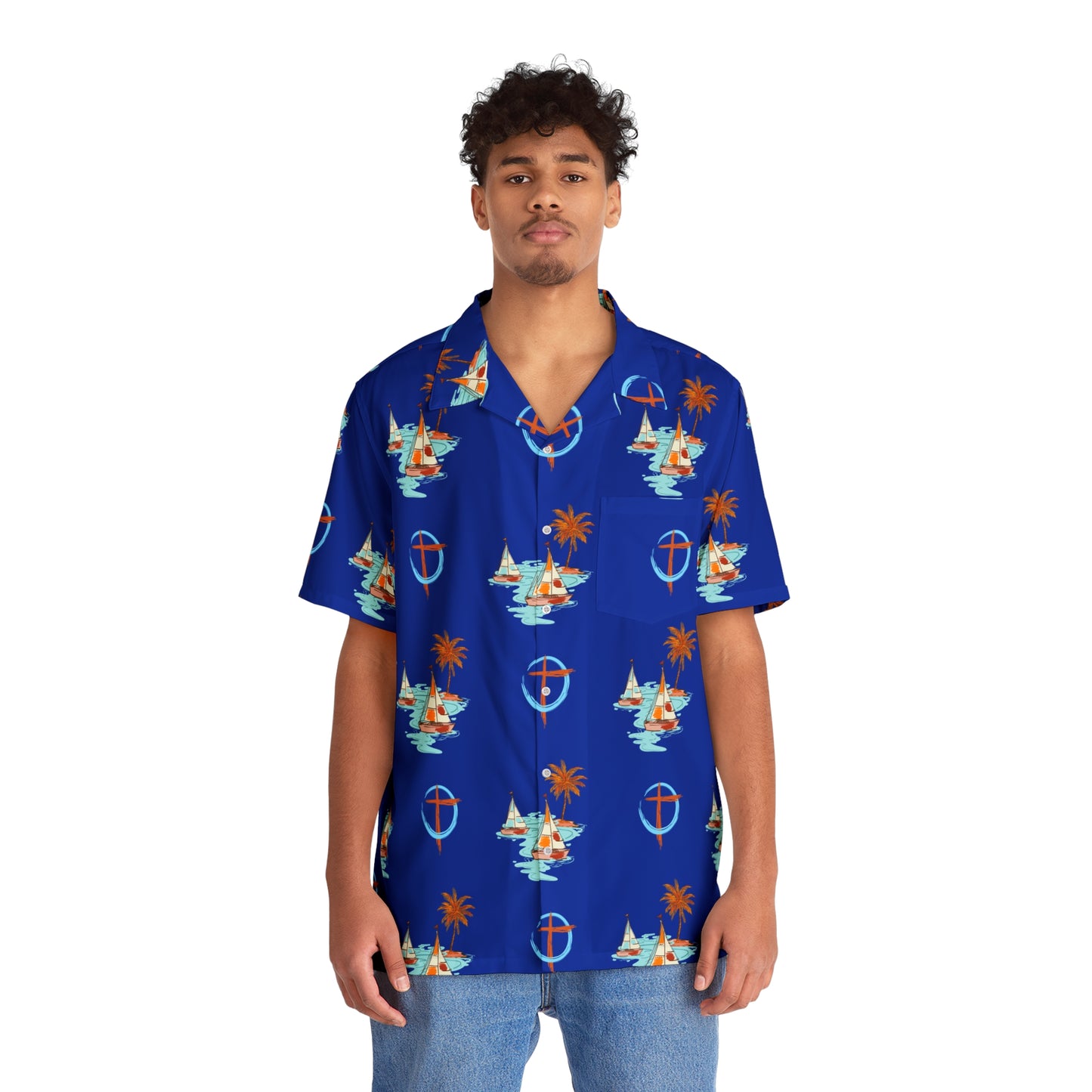 Sailboats and Crosses Men's Hawaiian Shirt, Button Down, Front Pocket