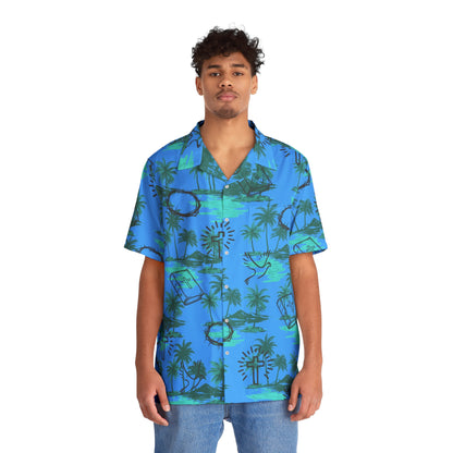 Blue Hawaiian Christian Themed Button Down Chest Pocket Shirt