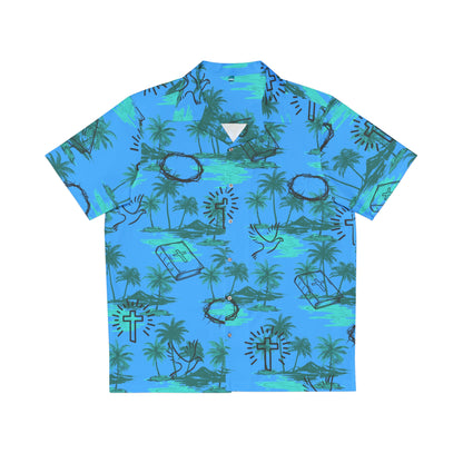 Blue Hawaiian Christian Themed Button Down Chest Pocket Shirt
